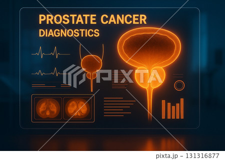 AI generated medical infographic prostate cancer diagnostics with glowing prostate gland scans charts and data visualization symbolizing healthcare research technology and modern medical innovation 131316877