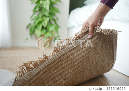 Person lifting corner of a rug in a bright living space 131316923