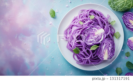 Purple cabbage noodle pasta gluten free on white plate for healthy ingredient Purple cabbage noodle pasta gluten free on white plate for healthy ingredient 131317191