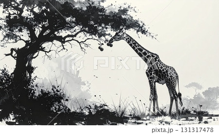 高い木の実を食べるキリンの白黒墨絵イラストデザイン 高い木の実を食べるキリンの白黒墨絵イラストデザイン 131317478