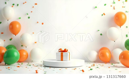 Colorful 3D birthday party scene with balloons and a gift box, displayed on a white background for India Independence Day 131317660