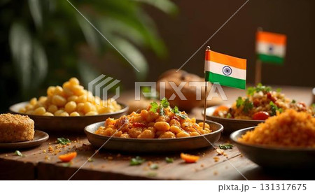 A display of Indian cuisine in bowls, featuring the Indian flag, symbolizing the spirit of Independence Day 131317675