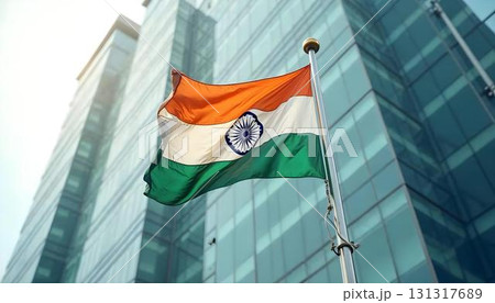 India's flag is displayed in front of a building, marking Independence Day with a colorful background 131317689