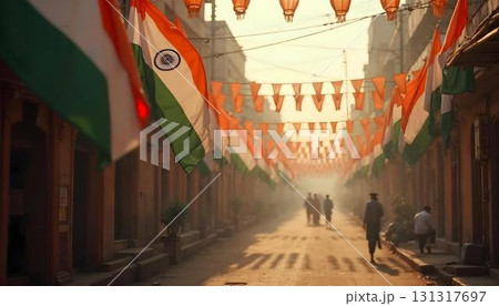 Indian flags fluttering in the wind on a street, celebrating India Independence Day in the background 131317697