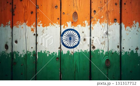 India flag displayed on a wooden background, symbolizing Independence Day celebrations 131317712