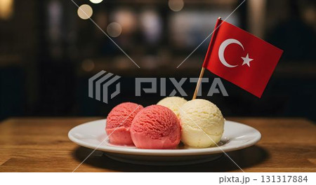 Turkish ice cream alongside the Turkish flag, highlighting the spirit of Victory Day in a celebratory setting Turkish ice cream alongside the Turkish flag, highlighting the spirit of Victory Day in a celebratory setting 131317884