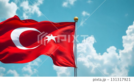 A vibrant Turkish flag waves in the wind, marking Victory Day and celebrating the spirit of independence 131317921