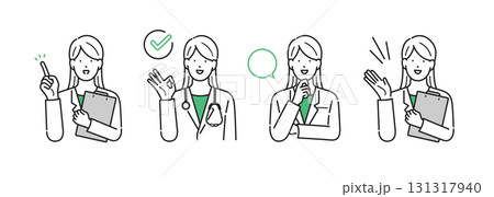 イラスト素材【介護イメージ】：様々なポーズをとる医師の女性・シンプルタッチ 131317940