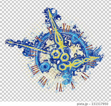 海のドラマチックで躍動感溢れる波紋柄にアンティーク時計針で歴史感をアート表現（レトロなローマ数字版） 131317950