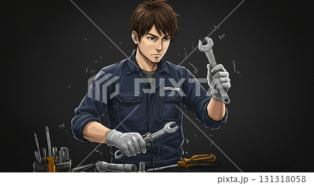 切り絵風。車庫の前で整備士と会話する日本の家族と自動車 131318058