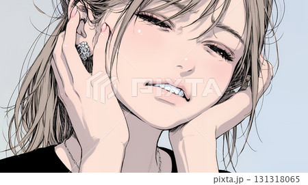 歯痛で頬を押さえている女性 131318065