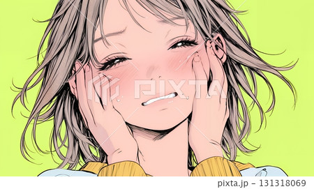 歯痛で頬を押さえている女性 131318069