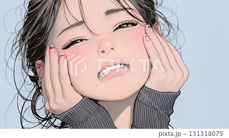 歯痛で頬を押さえている女性