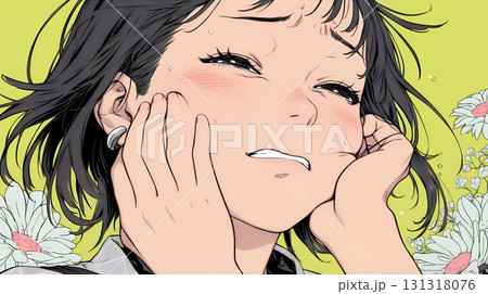 歯痛で頬を押さえている女性