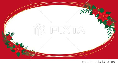 クリスマスの赤いフレーム、ポインセチアとリーフデコレーションフレーム 131318109