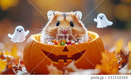 カボチャのジャック・オー・ランタンの中に入り、キャンディを食べるかわいいハムスター  ハロウィン素材 131318169