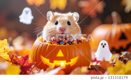 カボチャのジャック・オー・ランタンの中に入り、キャンディを食べるかわいいハムスター  ハロウィン素材 131318179