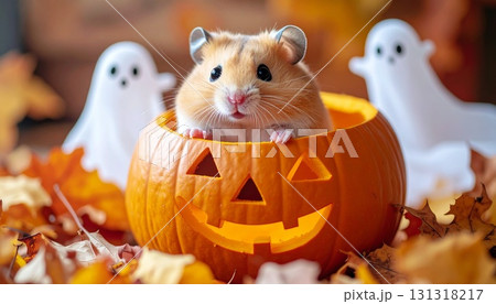 カボチャのジャック・オー・ランタンの中に入り、寛ぐかわいいハムスター  ハロウィン素材 131318217
