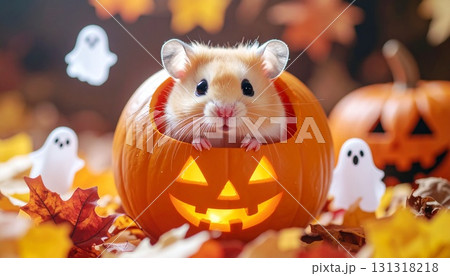 カボチャのジャック・オー・ランタンの中に入り、寛ぐかわいいハムスター  ハロウィン素材 131318218