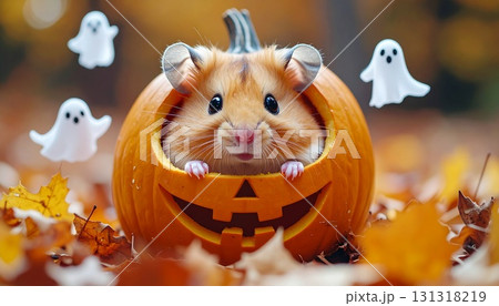 カボチャのジャック・オー・ランタンの中に入り、寛ぐかわいいハムスター ハロウィン素材 カボチャのジャック・オー・ランタンの中に入り、寛ぐかわいいハムスター ハロウィン素材 131318219