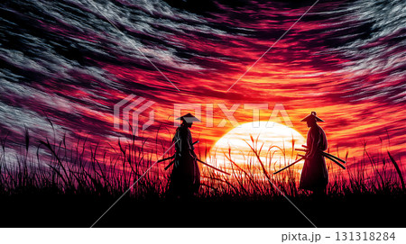 夕焼けの中で対峙する武士たちのシルエット 131318284