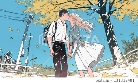 秋の紅葉の下でキスをしている若い恋人たち