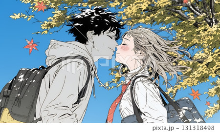 秋の紅葉の下でキスをしている若い恋人たち 131318498