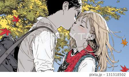 秋の紅葉の下でキスをしている若い恋人たち