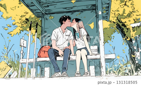 秋の紅葉の下でキスをしている若い恋人たち