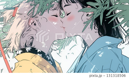 秋の紅葉の下でキスをしている若い恋人たち 131318506