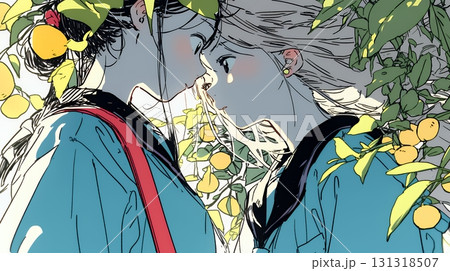 秋の紅葉の下でキスをしている若い恋人たち