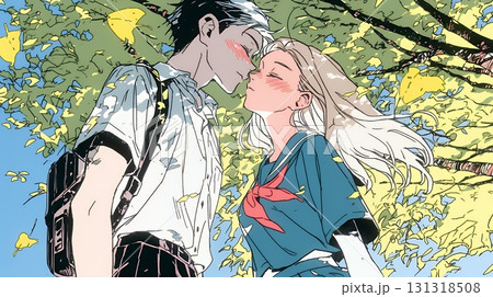 秋の紅葉の下でキスをしている若い恋人たち