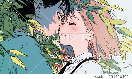 秋の紅葉の下でキスをしている若い恋人たち