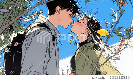 秋の紅葉の下でキスをしている若い恋人たち