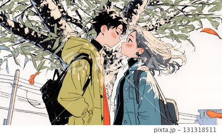 秋の紅葉の下でキスをしている若い恋人たち