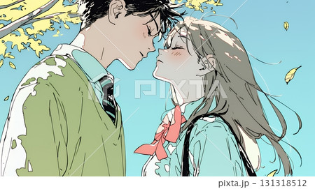 秋の紅葉の下でキスをしている若い恋人たち