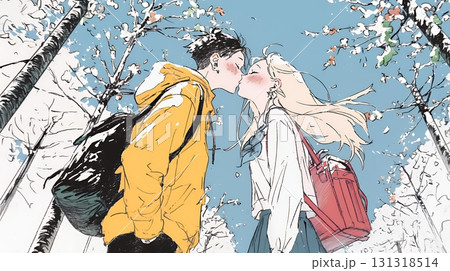 秋の紅葉の下でキスをしている若い恋人たち