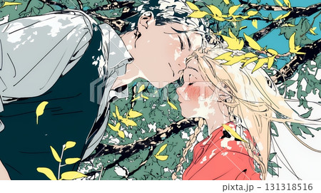 秋の紅葉の下でキスをしている若い恋人たち