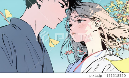 秋の紅葉の下でキスをしている若い恋人たち