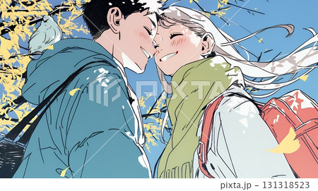 秋の紅葉の下でキスをしている若い恋人たち