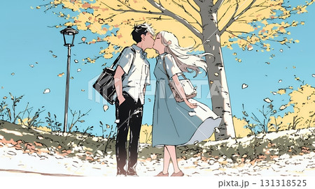 秋の紅葉の下でキスをしている若い恋人たち