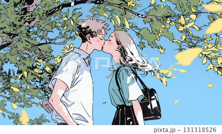 秋の紅葉の下でキスをしている若い恋人たち