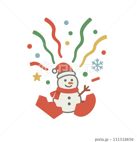 雪だるまとクラッカーのお祝いイラスト素材｜クリスマス・冬・透過PNG 131318656