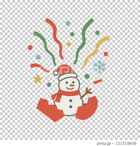 雪だるまとクラッカーのお祝いイラスト素材｜クリスマス・冬・透過PNG 131318656