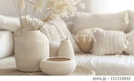 White textured vases displaying dried flowers in a cozy living room 131318692