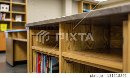Empty wooden bookshelves with countertop in library 131318893