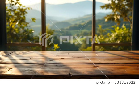 Cozy wooden table in a sunlit forest, capturing a nostalgic summer moment perfect for relaxation 131318922