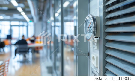 Office room climate control showing temperature with workers in background 131319039