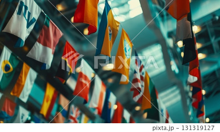 International flags hanging from ceiling representing global community 131319127