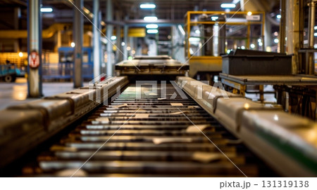 Conveyor belt carrying wood being processed in a factory 131319138